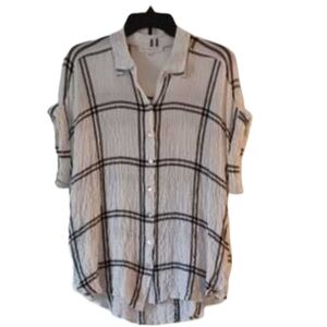 Jane & Delancey Window Pane Button Down Collar Short Sleeve Blouse White & Black